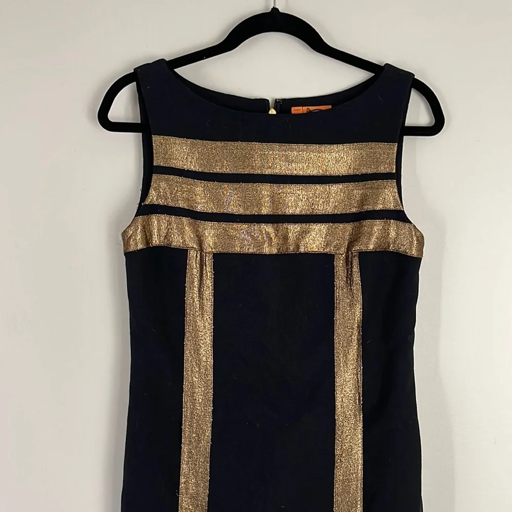 Tory Burch Simca Gold Lame’ Trim Crepe Black Dress Size 2